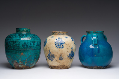 Three blue, white and turquoise Persian Qajar jars, 19th C.