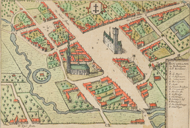 Three hand coloured engraved maps of Ieper, Roeselare, Lichtervelde and a view of Veurne, 16th/17th C.