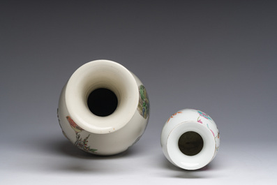 A Chinese rose-verte vase with Buddhist lions and applied floral design and a famille rose vase, 19th C.