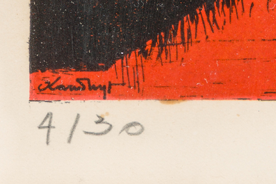 Octave Landuyt (1922-2024): 'Composition en rouge et noir', kleurenlithografie, ed. 4/30, gedateerd 1968