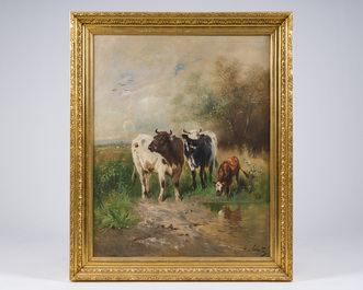Henry Schouten (1860-1927): Koeien in een landschap aan de rand van een drenkplaats, olie op doek