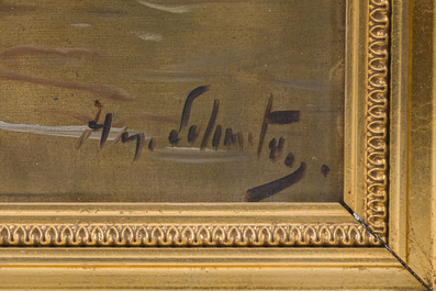 Henry Schouten (1860-1927): Koeien in een landschap aan de rand van een drenkplaats, olie op doek