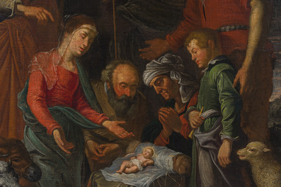 &Eacute;cole flamande: L'adoration des bergers, huile sur toile, 17&egrave;me si&egrave;cle