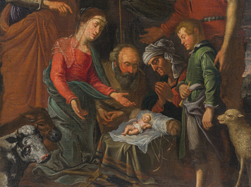 &Eacute;cole flamande: L'adoration des bergers, huile sur toile, 17&egrave;me si&egrave;cle