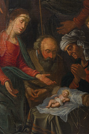 &Eacute;cole flamande: L'adoration des bergers, huile sur toile, 17&egrave;me si&egrave;cle