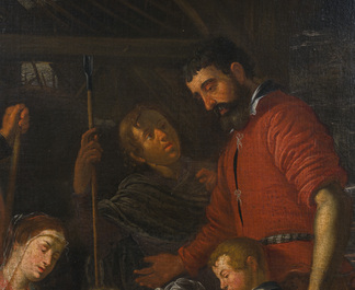 &Eacute;cole flamande: L'adoration des bergers, huile sur toile, 17&egrave;me si&egrave;cle