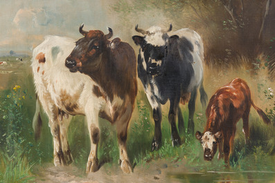 Henry Schouten (1860-1927): Koeien in een landschap aan de rand van een drenkplaats, olie op doek