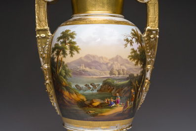 A pair of fine gilt and polychrome Paris porcelain 'animated landscapes' Empire vases, first half 19th C.