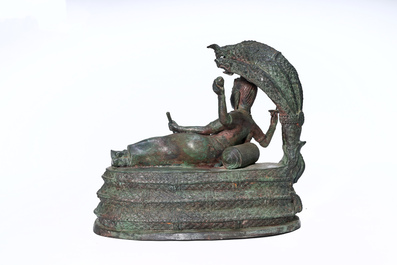 Indian school: Vishnu resting on Shesha or Ananta Shesha, king of the nagas, patinated bronze, 19th C.