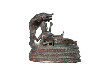 Indian school: Vishnu resting on Shesha or Ananta Shesha, king of the nagas, patinated bronze, 19th C.