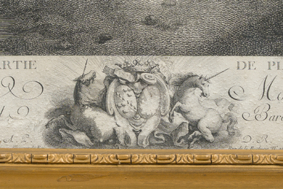 Two large French engravings in gilt wooden frames, 18th C.