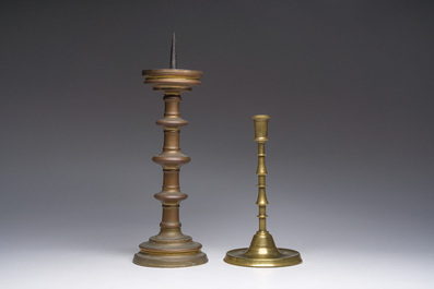 A bronze knotted candlestick and a pricket candlestick, Flanders or The Netherlands, 16th and 19th C.