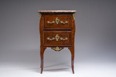 Jean-Pierre Latz (1691-1754): A small Louis XV marquetry commode with gilt bronze mounts and red marble top