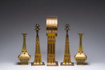 An Arts and Crafts five-piece brass and copper garniture, early 20th C.