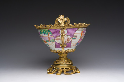 A Chinese gilt bronze mounted famille rose 'Mandarin' bowl, Qianlong