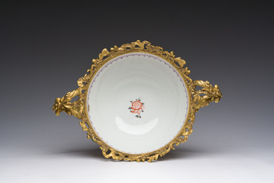 A Chinese gilt bronze mounted famille rose 'Mandarin' bowl, Qianlong