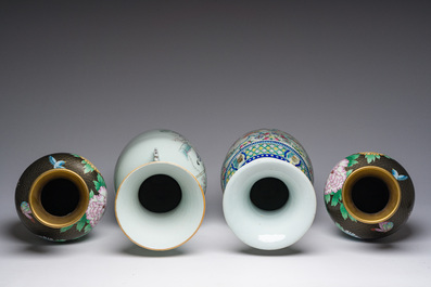 Two Chinese famille rose vases and a pair of cloisonn&eacute; vases with floral design, 19th/20th C.