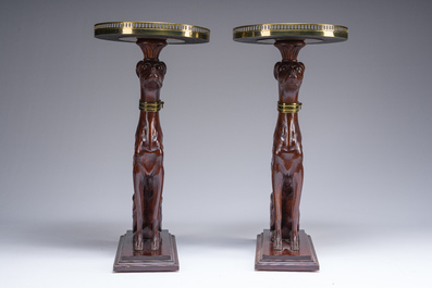 A pair of Italian faux marble-topped carved wooden whippet side table, early 20th C.