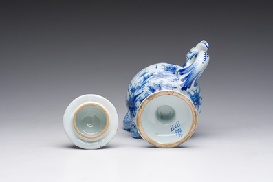 A blue and white Delftware ewer and cover, probably Desvres, France, 19th C.