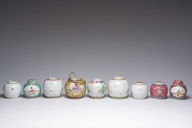 An extensive collection of Chinese blue, white, famille rose and verte porcelain and a pair of cloisonn&eacute; 'butterflies' vases, 20th C.