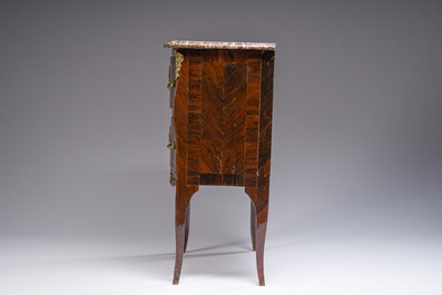 Jean-Pierre Latz (1691-1754): A small Louis XV marquetry commode with gilt bronze mounts and red marble top