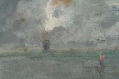 Lucien Frank (1857-1920): Walker in a landscape with a mill at the water's edge, oil on board