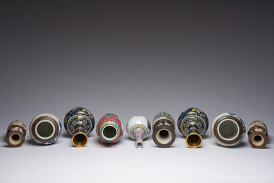 An extensive collection of Chinese blue, white, famille rose and verte porcelain and a pair of cloisonn&eacute; 'butterflies' vases, 20th C.