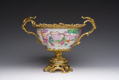 A Chinese gilt bronze mounted famille rose 'Mandarin' bowl, Qianlong