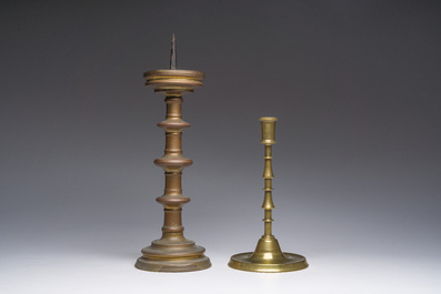 A bronze knotted candlestick and a pricket candlestick, Flanders or The Netherlands, 16th and 19th C.