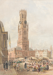 William Henry Nutter (1821-1872): Geanimeerd zicht op de Grote Markt van Brugge met Belfort, aquarel en potlood op papier, gedateerd 1870