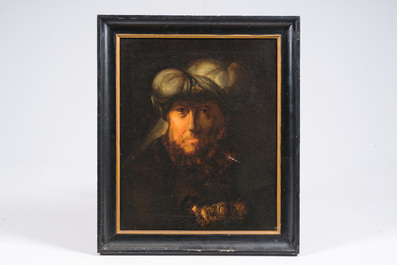 European school, follower of Rembrandt van Rijn (1606-1669): Portrait of a man in Oriental costume, oil on canvas, 19th C.