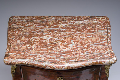 Jean-Pierre Latz (1691-1754): A small Louis XV marquetry commode with gilt bronze mounts and red marble top