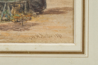 William Henry Nutter (1821-1872): Geanimeerd zicht op de Grote Markt van Brugge met Belfort, aquarel en potlood op papier, gedateerd 1870