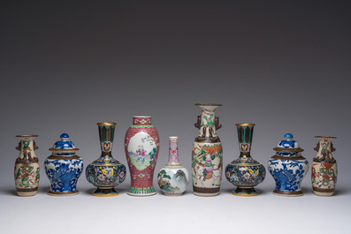 An extensive collection of Chinese blue, white, famille rose and verte porcelain and a pair of cloisonn&eacute; 'butterflies' vases, 20th C.