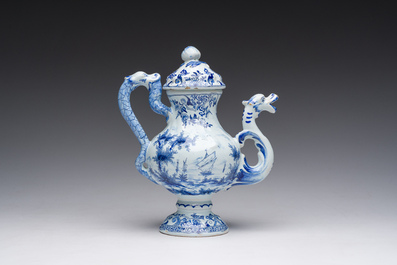 A blue and white Delftware ewer and cover, probably Desvres, France, 19th C.