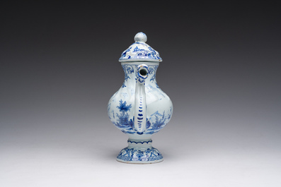 A blue and white Delftware ewer and cover, probably Desvres, France, 19th C.