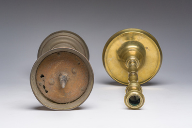 A bronze knotted candlestick and a pricket candlestick, Flanders or The Netherlands, 16th and 19th C.