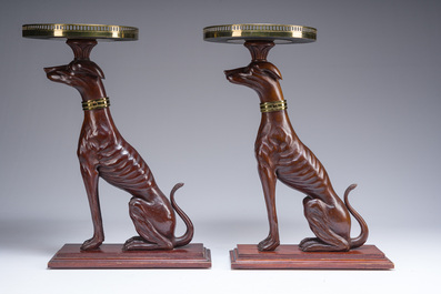 A pair of Italian faux marble-topped carved wooden whippet side table, early 20th C.