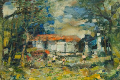 Albert Saverys (1886-1964): Sunlit garden with playing children, oil on canvas, (1948)