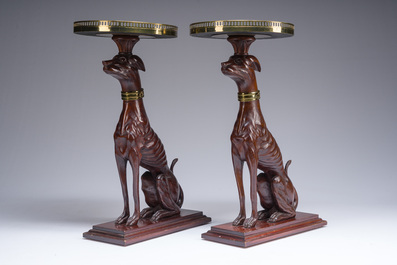 A pair of Italian faux marble-topped carved wooden whippet side table, early 20th C.