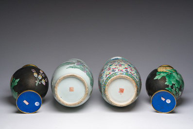 Two Chinese famille rose vases and a pair of cloisonn&eacute; vases with floral design, 19th/20th C.