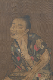 Chinese school: A blind beggar with a dog, ink and colours on silk, probably Ming