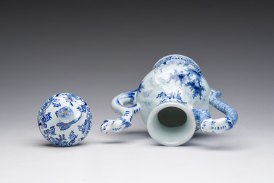 A blue and white Delftware ewer and cover, probably Desvres, France, 19th C.