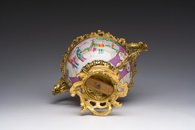 A Chinese gilt bronze mounted famille rose 'Mandarin' bowl, Qianlong