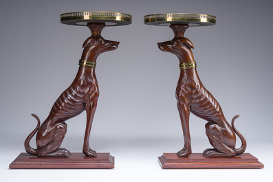 A pair of Italian faux marble-topped carved wooden whippet side table, early 20th C.