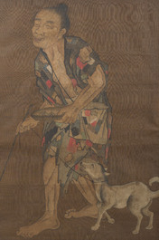 Chinese school: A blind beggar with a dog, ink and colours on silk, probably Ming