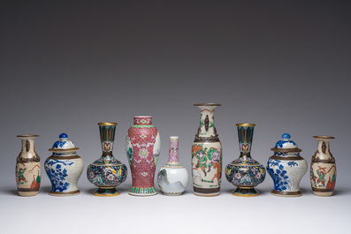 An extensive collection of Chinese blue, white, famille rose and verte porcelain and a pair of cloisonn&eacute; 'butterflies' vases, 20th C.