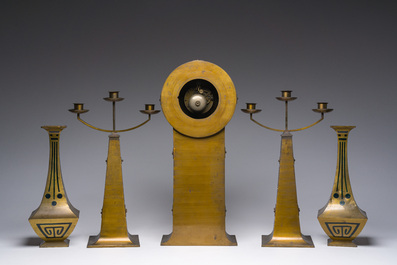 An Arts and Crafts five-piece brass and copper garniture, early 20th C.