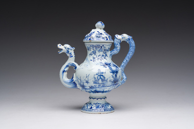 A blue and white Delftware ewer and cover, probably Desvres, France, 19th C.