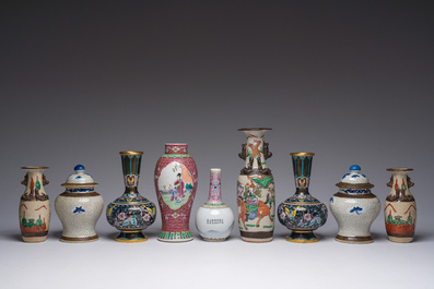 An extensive collection of Chinese blue, white, famille rose and verte porcelain and a pair of cloisonn&eacute; 'butterflies' vases, 20th C.